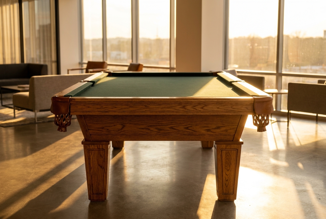 Accessoires de billard : triangle, craie bleue et queues alignées